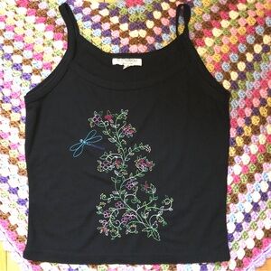 90s Y2K Sm/Md Le Chateau Embroidered Floral Dragonfly Cami Top Whimsigoth